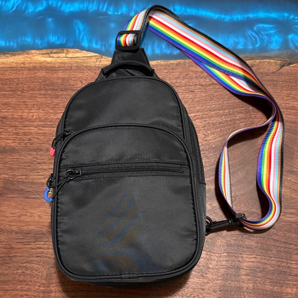 Black Crossbody Bag with Rainbow Strap